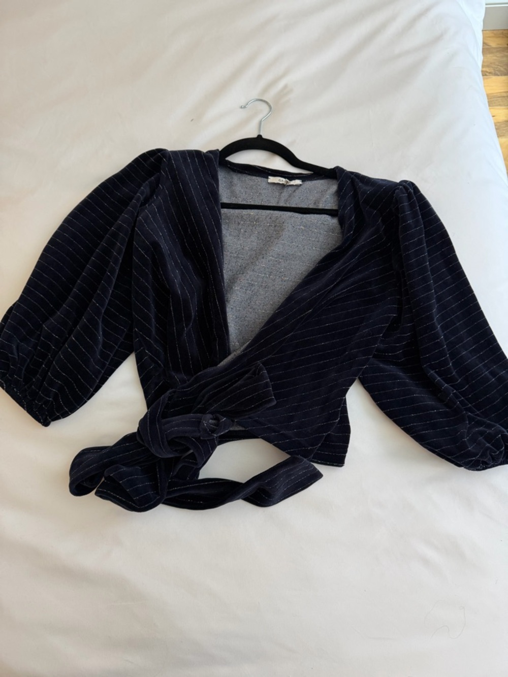 GANNI Velvet Wrap Top in Navy with Subtle Pinstripes